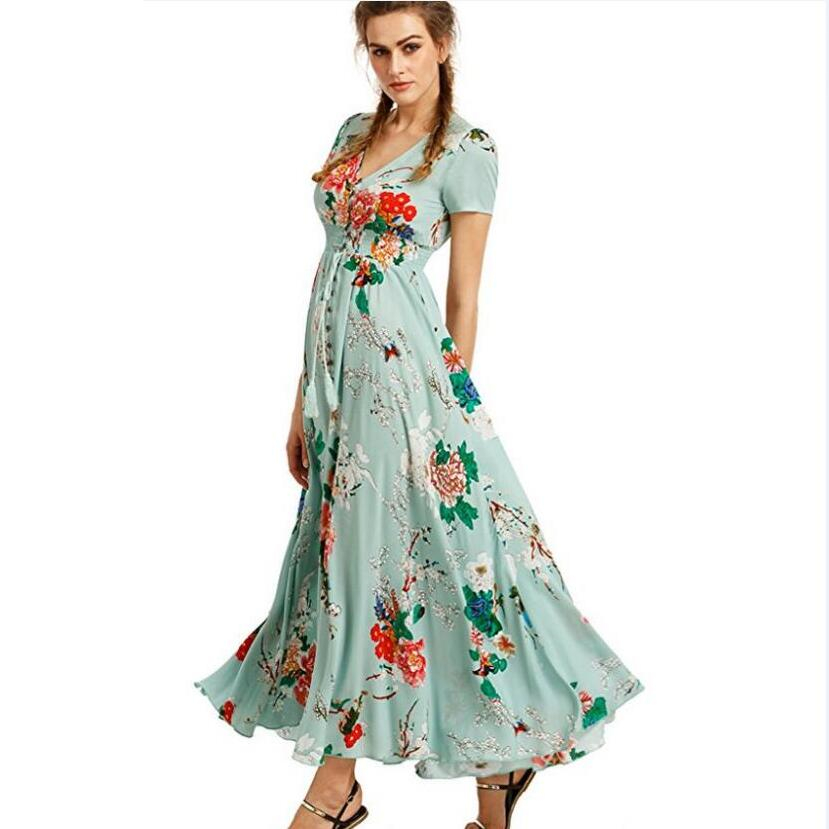 여성용 맥시 드레스, 플로럴 프린트 버튼 업 스플릿 플로럴 프린트 여름 드레스, 여성용 이브닝 파티 드레스